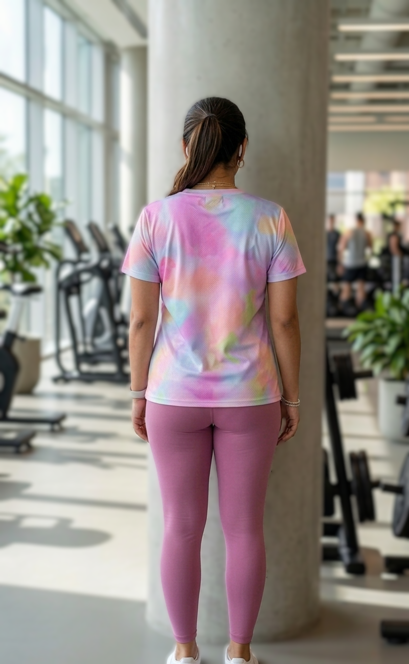 Bright Splash Of Colours Print | Activewear Coord Set Tshirt With Tummy Tuck Pink Leggings | Multi Sport | Odour Free