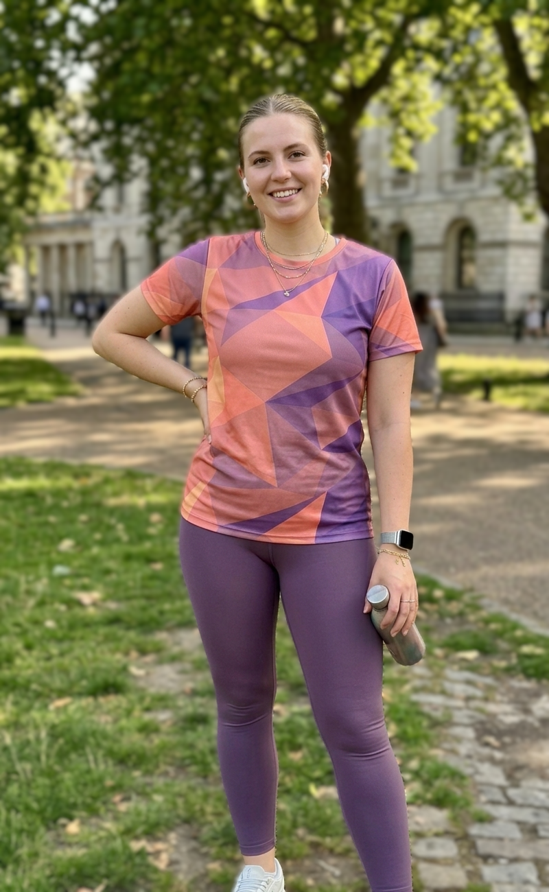 Simple Abstract Triangle Print | Activewear Coord Set Tshirt With Tummy Tuck Purple Leggings | Multi Sport | Odour Free