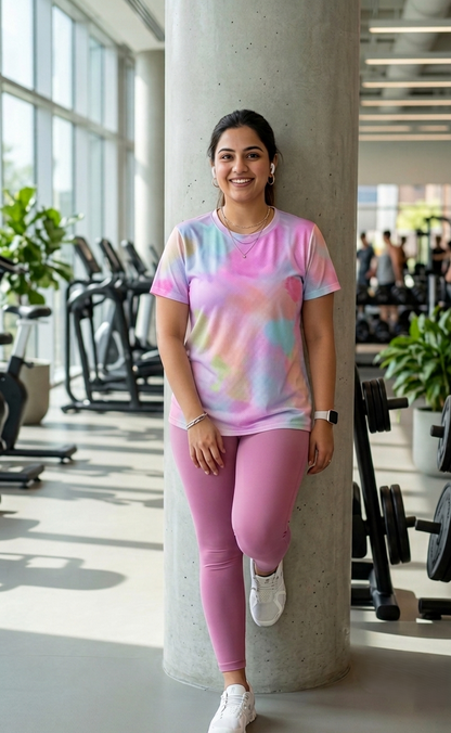 Bright Splash Of Colours Print | Activewear Coord Set Tshirt With Tummy Tuck Pink Leggings | Multi Sport | Odour Free