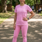 Calm Leaf Print | Activewear Coord Set Tshirt With Tummy Tuck Pink Leggings | Multi Sport | Odour Free
