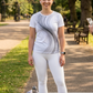 Serene Waves Print | Activewear Coord Set Tshirt With Tummy Tuck White Leggings | Multi Sport | Odour Free