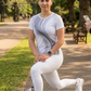 Serene Waves Print | Activewear Coord Set Tshirt With Tummy Tuck White Leggings | Multi Sport | Odour Free