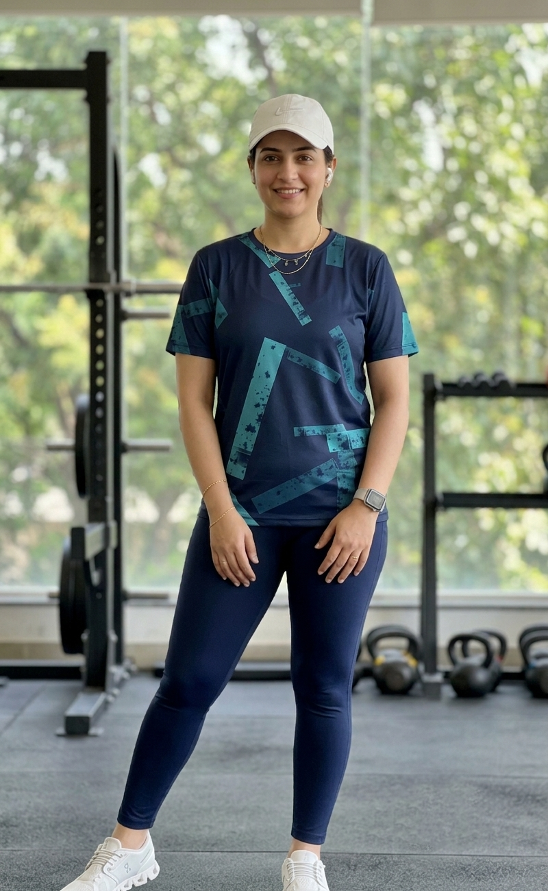Sporty Angle Print | Activewear Coord Set Tshirt With Tummy Tuck Blue Leggings | Multi Sport | Odour Free