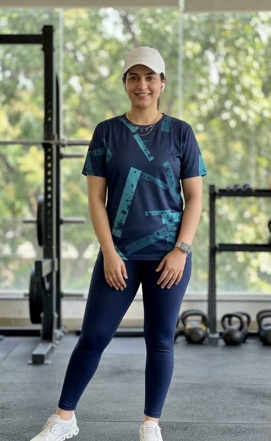 Sporty Angle Print | Activewear Coord Set Tshirt With Tummy Tuck Blue Leggings | Multi Sport | Odour Free