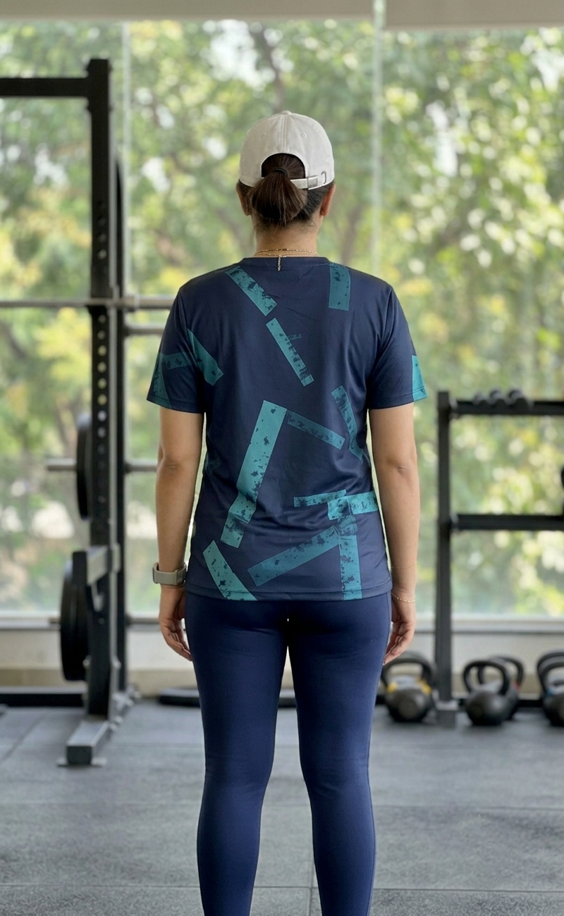 Sporty Angle Print | Activewear Coord Set Tshirt With Tummy Tuck Blue Leggings | Multi Sport | Odour Free