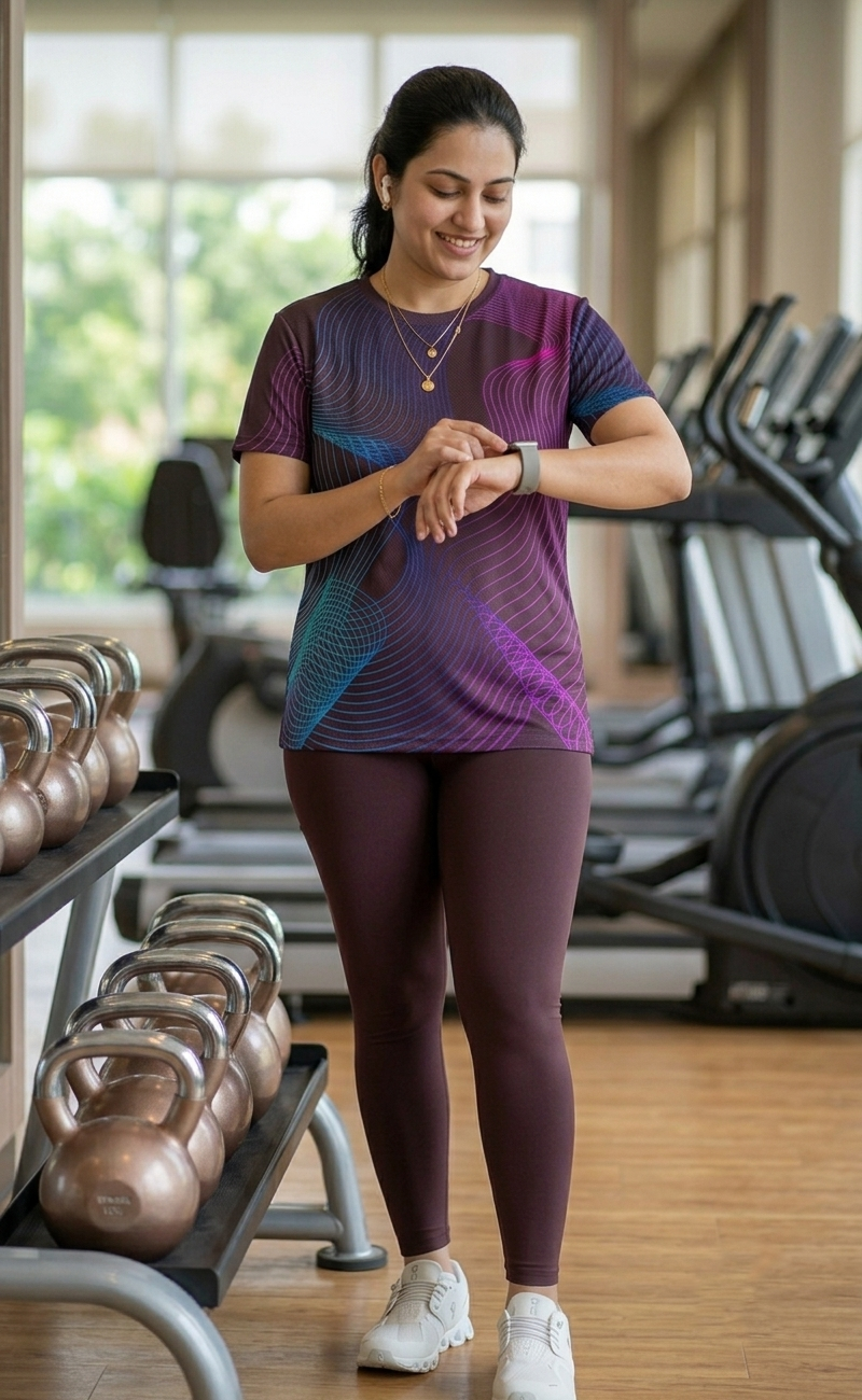 Gentle Curves Print | Activewear Coord Set Tshirt With Tummy Tuck Brown Leggings | Multi Sport | Odour Free