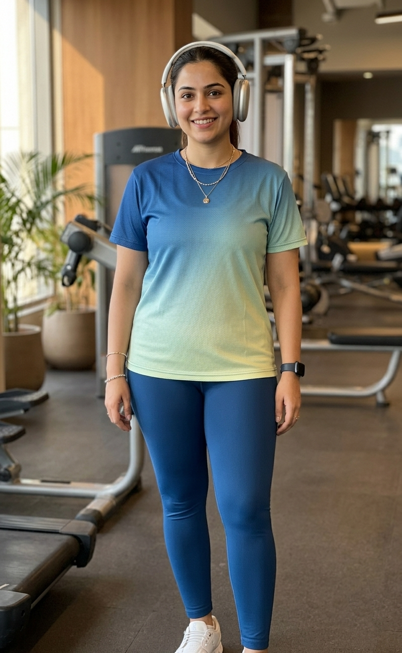 Trending Gradient Print | Activewear Coord Set Tshirt With Tummy Tuck Blue Leggings | Multi Sport | Odour Free