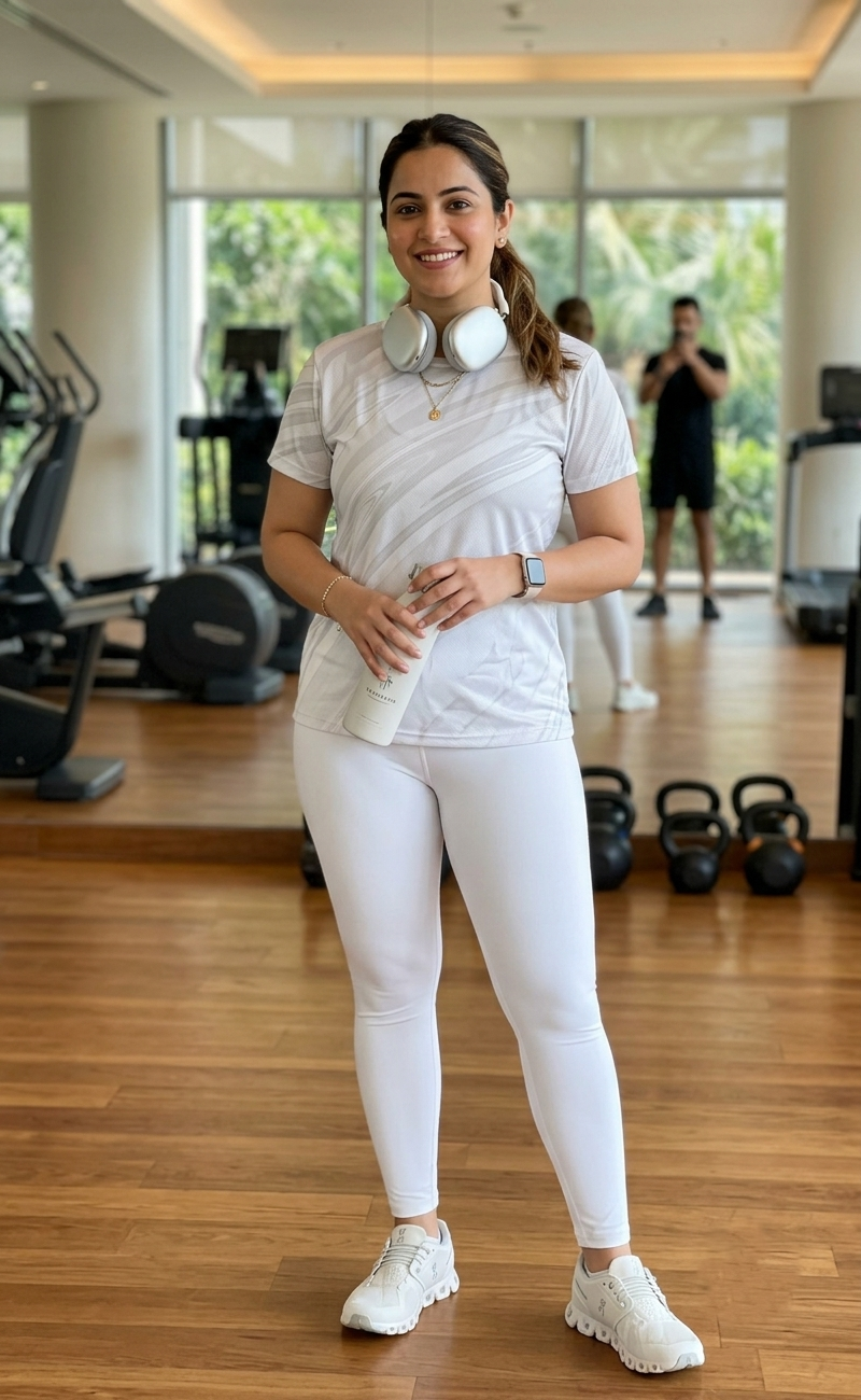 Simple Lines Print | Activewear Coord Set Tshirt With Tummy Tuck White Leggings | Multi Sport | Odour Free