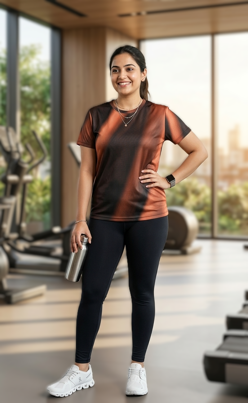 Stylish Rays Print | Activewear Coord Set Tshirt With Tummy Tuck Black Leggings | Multi Sport | Odour Free