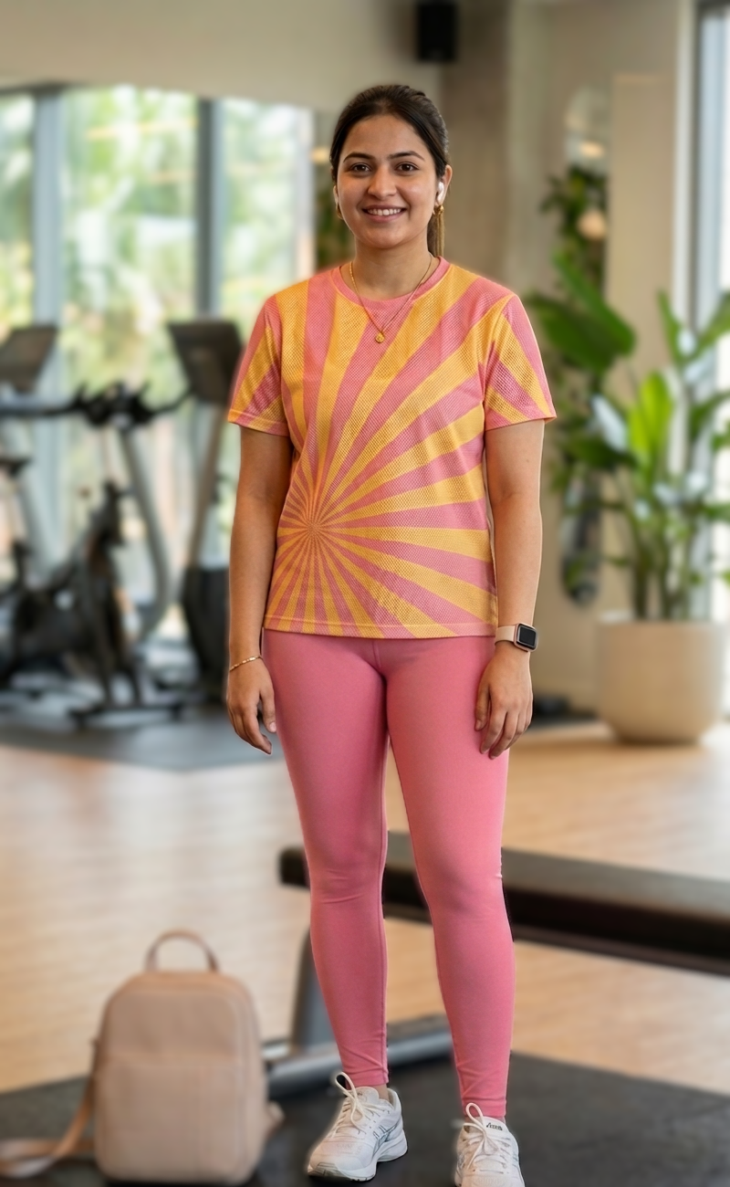 Must Have Rays Print | Activewear Coord Set Tshirt With Tummy Tuck Pink Leggings | Multi Sport | Odour Free