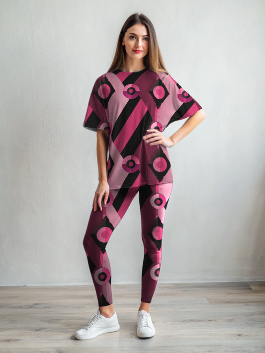 Stylish Abstract Print Premium Oversized Tee With Black Leggings Set