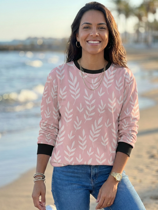 Sweet Pink Leaf Print Sweatshirt