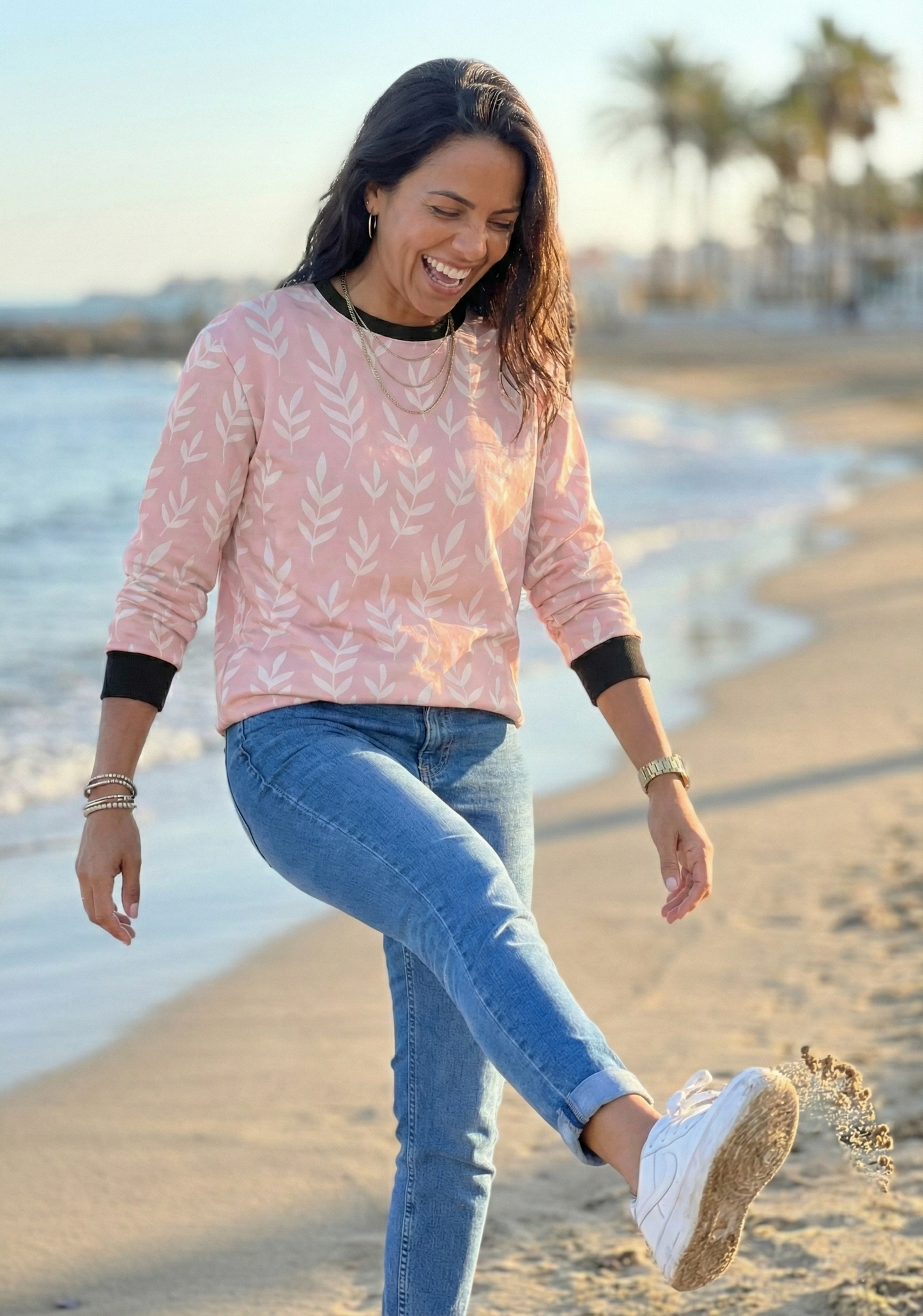 Sweet Pink Leaf Print Sweatshirt