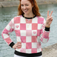 Switzerland Vibe Checkered Heart Print Pink Sweatshirt