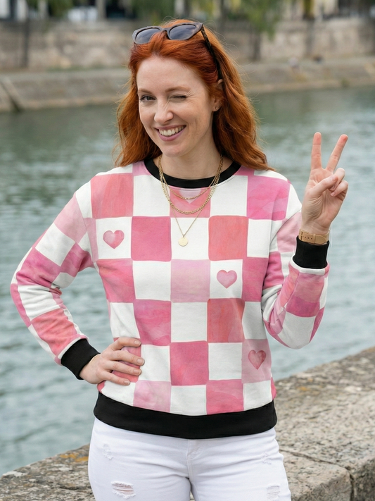 Switzerland Vibe Checkered Heart Print Pink Sweatshirt