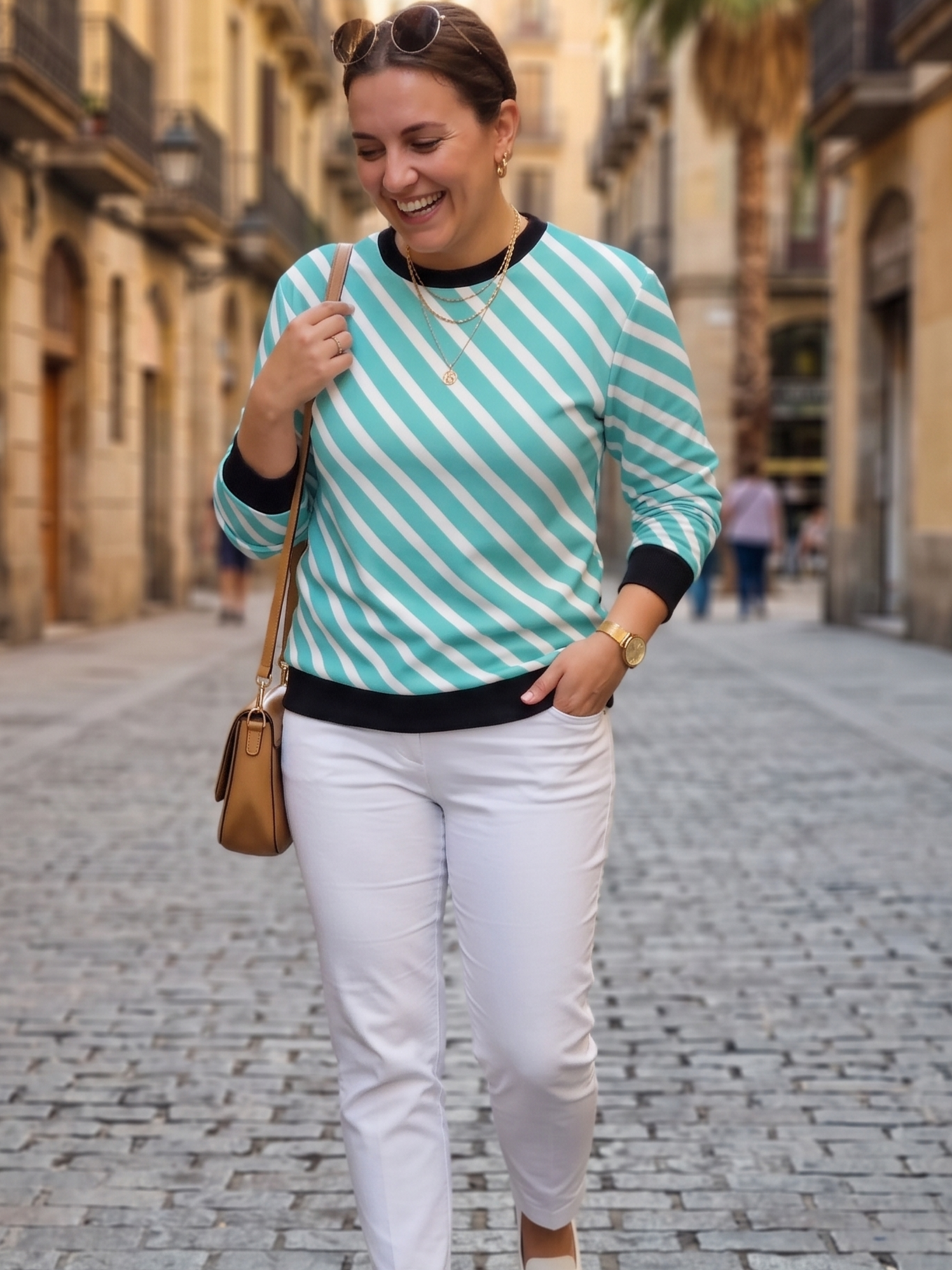 Trendy Teal Stripes Print Sweatshirt