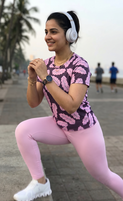 Sweet Leaf Print | Activewear Coord Set Tshirt With Tummy Tuck Pink Leggings | Multi Sport | Odour Free