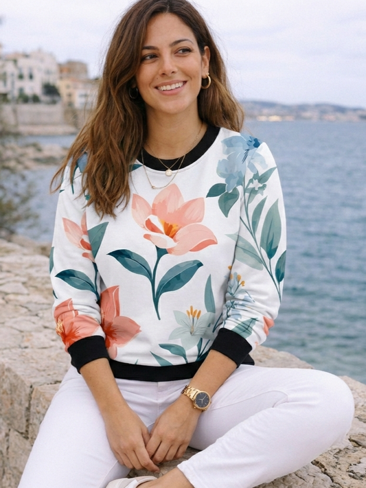 Evergreen Floral Print White Sweatshirt