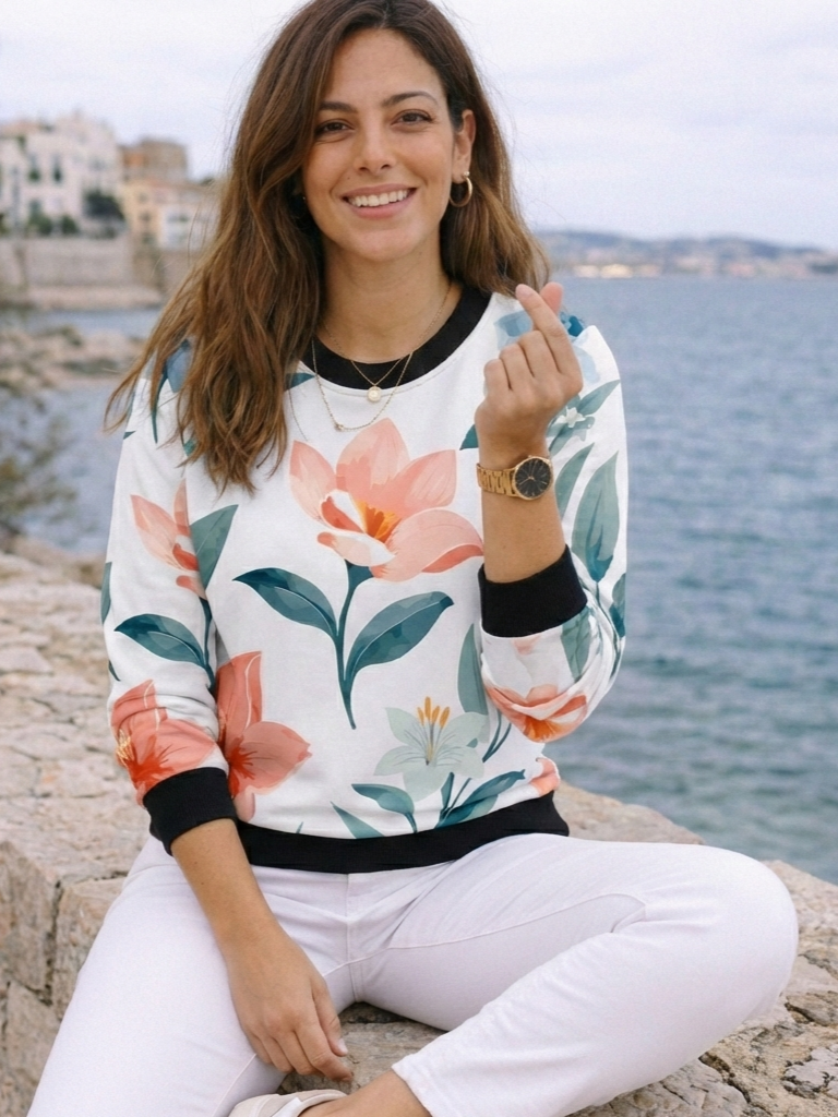 Evergreen Floral Print White Sweatshirt