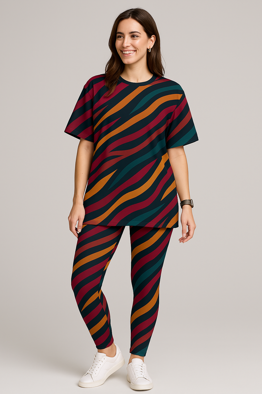 Trendy Waves Print Premium Oversized Tee With Tummy Tuck Body Shaping Leggings Co-ord Set