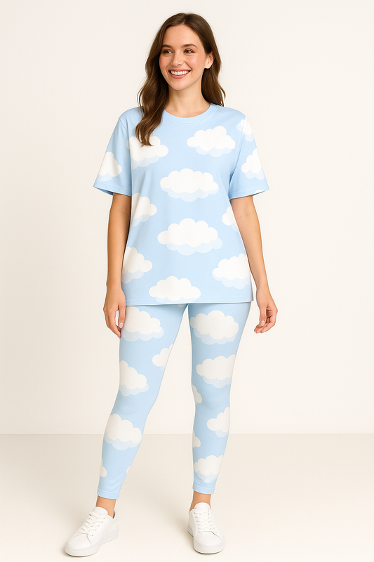 Soothing Clouds Print Premium Oversized Tee With Tummy Tuck Body Shaping Leggings Co-ord Set