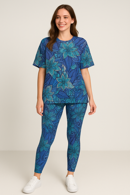 Lovely Blue Floral Print Premium Oversized Tee With Tummy Tuck Body Shaping Leggings Co-ord Set