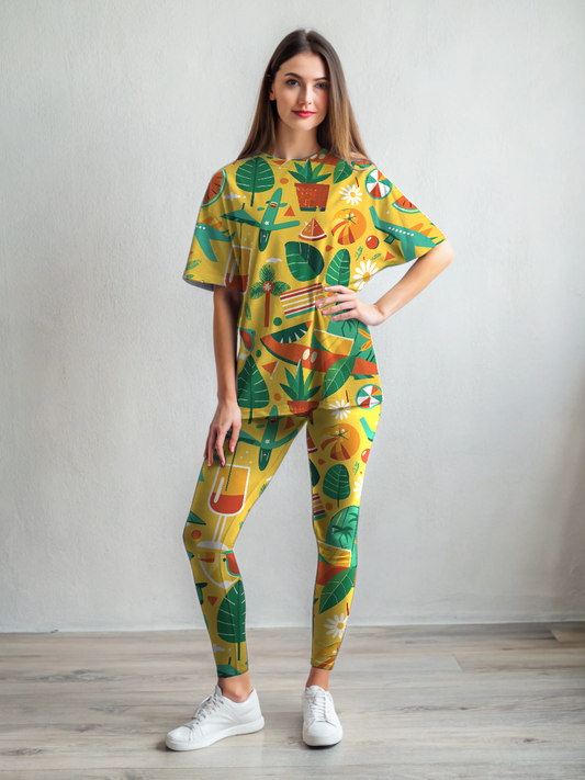 Holiday Wear Theme  Print Premium Oversized Tee With Yellow Leggings Set