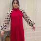 Stylish Gauze Patchwork Polka Dots Long Sleeve Plus Wine Red Dress