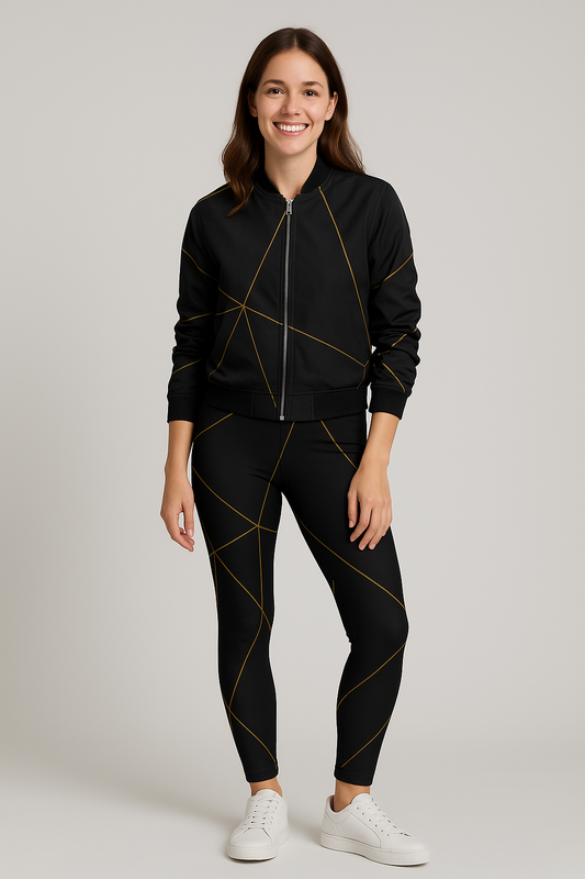 Classy Golden Lines Printed Bomber Jacket With Leggings Black Co Ord Set.