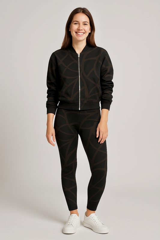 Unique Leaf Print Bomber Jacket With Leggings Black Co Ord Set.