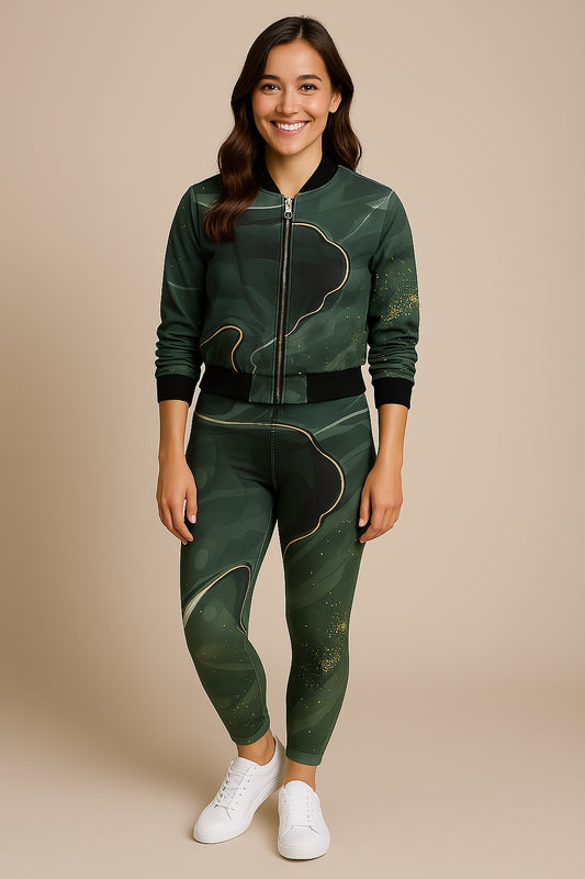 Fashionable Marble Print Bomber Jacket With Leggings Dark Green Co Ord Set.