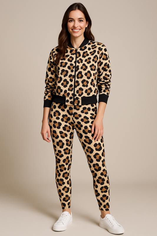 Chic Leopard Print Bomber Jacket With Leggings Brown Co Ord Set.