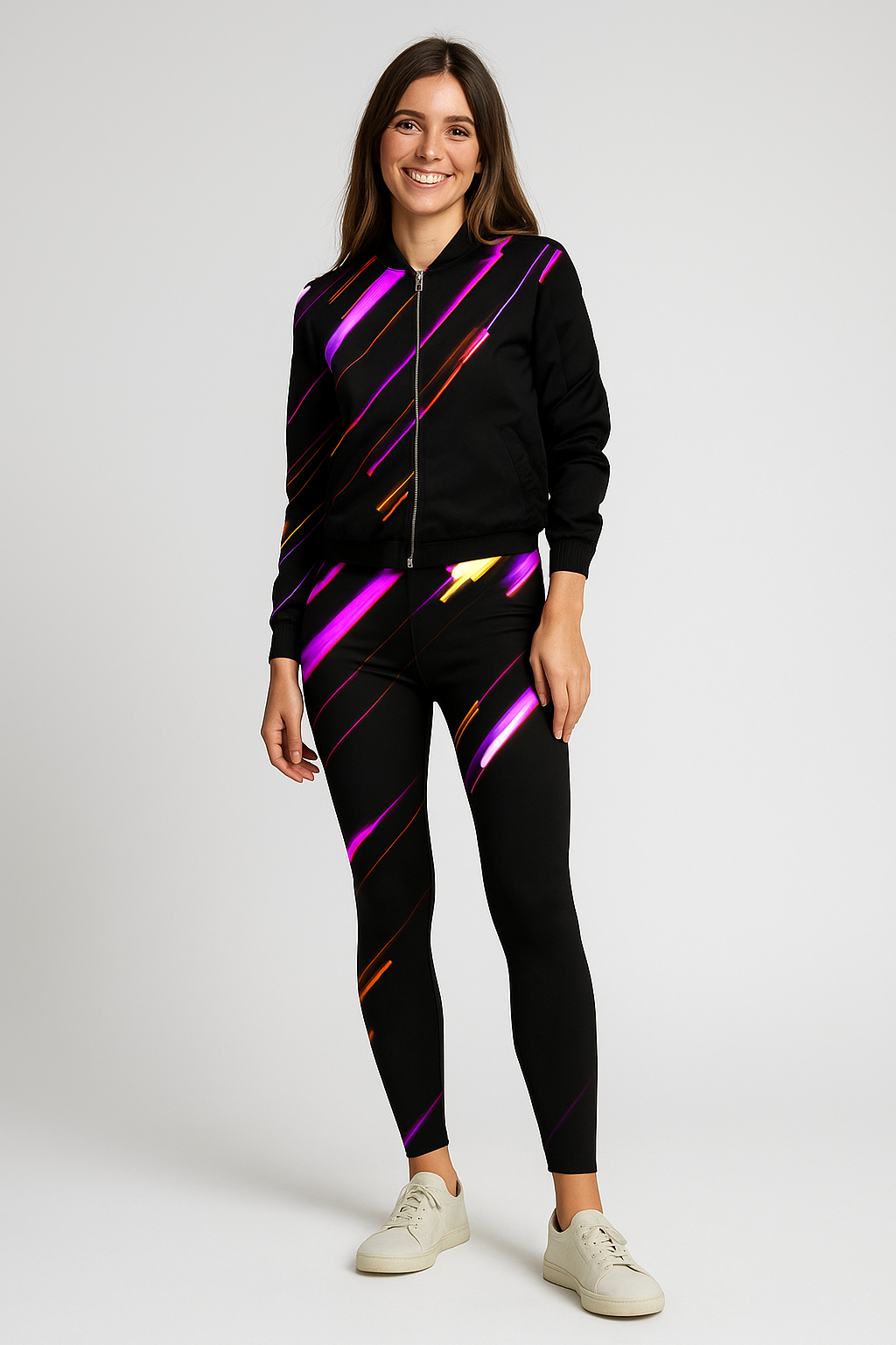 New Arrival Lines Bomber Jacket With Leggings Black Co Ord Set