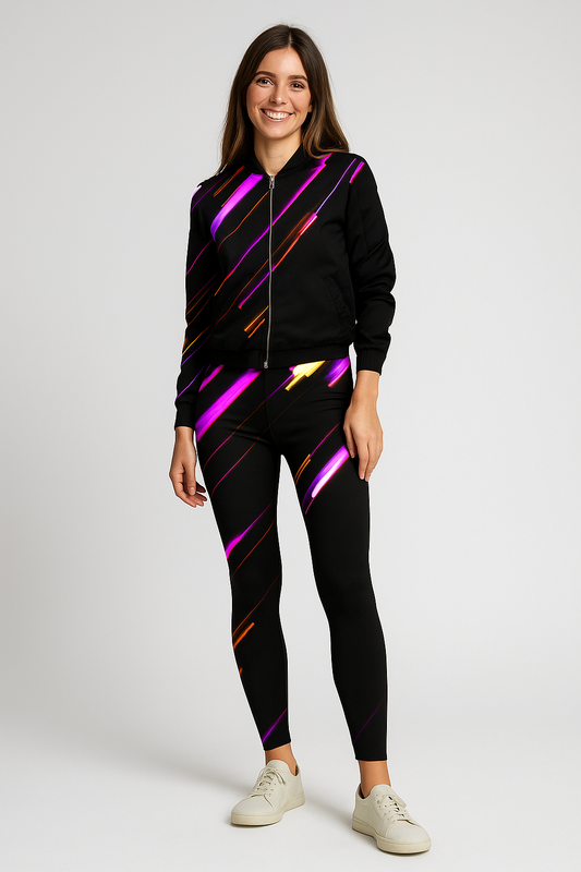New Arrival Lines Bomber Jacket With Leggings Black Co Ord Set.