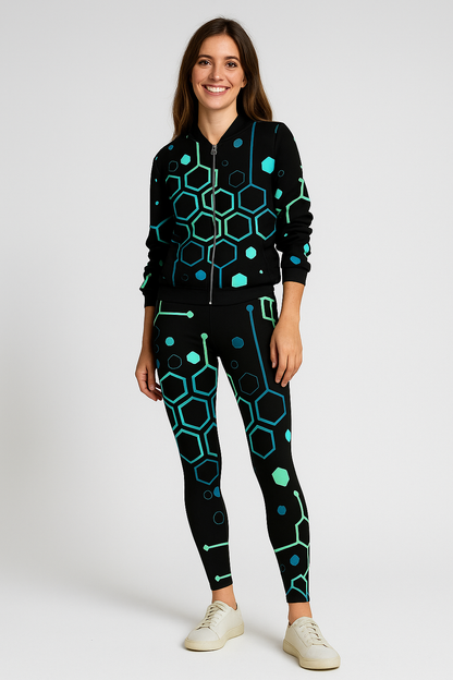 Stylish Hexagon Print Bomber Jacket With Leggings Black Co Ord Set.