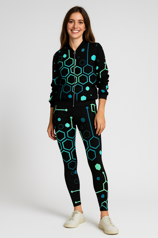 Stylish Hexagon Print Bomber Jacket With Leggings Black Co Ord Set.