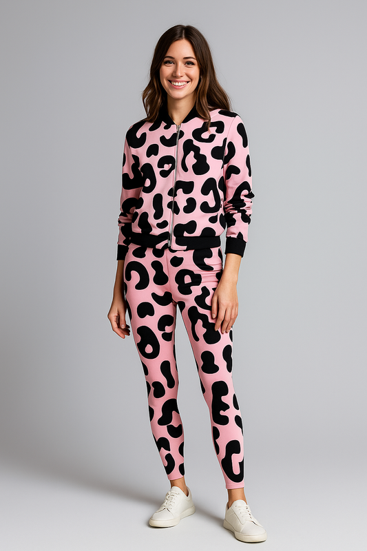 Chic Leopard Print Bomber Jacket With Leggings Pink Co Ord Set.
