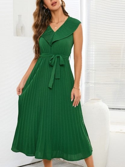 Beautiful V Neck Pleated Green Sleeveless Dress