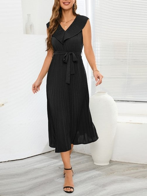 Beautiful V Neck Pleated Black Sleeveless Dress