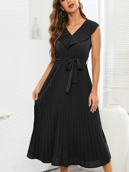 Beautiful V Neck Pleated Black Sleeveless Dress