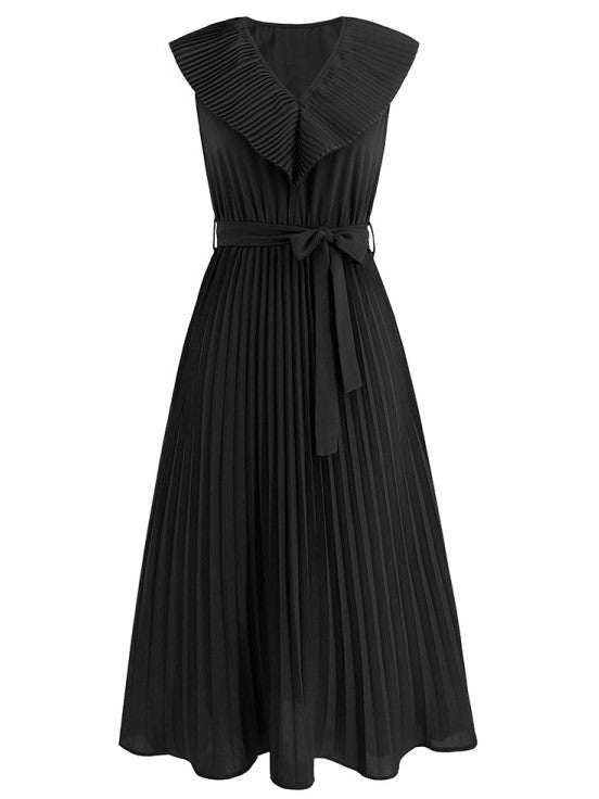 Beautiful V Neck Pleated Black Sleeveless Dress