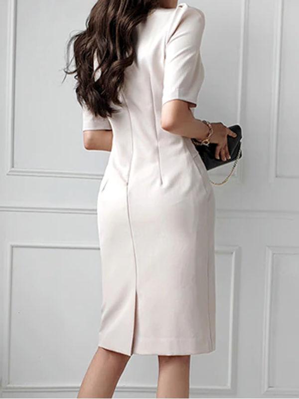 Business Style White V Neck Pencil Dress