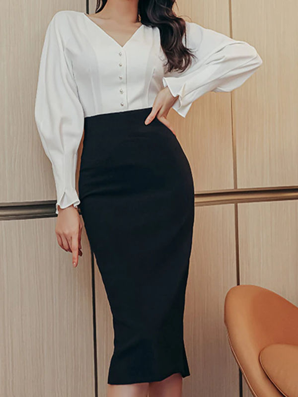 Business White V Neck Shirt With Skirt Set