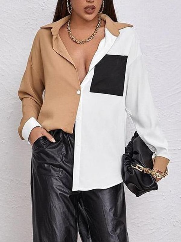 Casual Contrast Color Patchwork Long Sleeve Shirt
