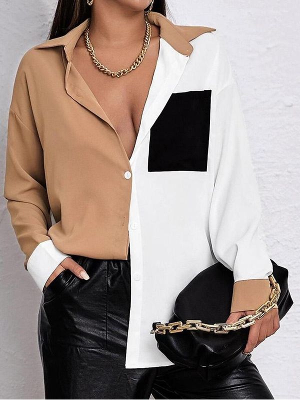 Casual Contrast Color Patchwork Long Sleeve Shirt