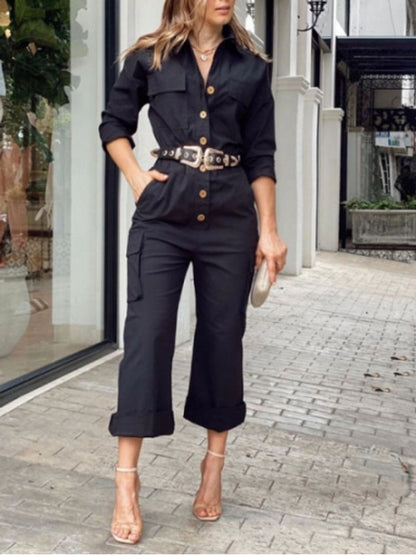 Casual Long Sleeve Black Button Decor Jumpsuit - Ships in 24 Hrs