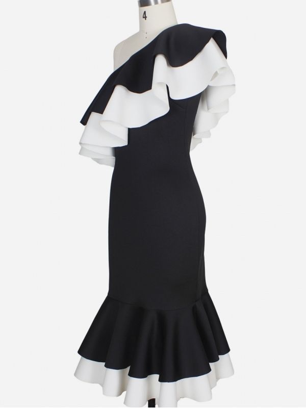 Elegant Inclined Shoulder Fishtail Black Dress