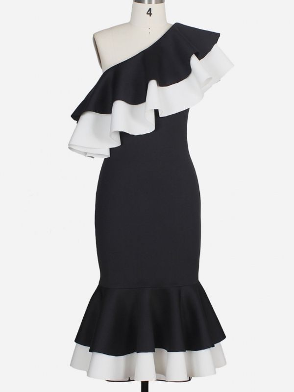Elegant Inclined Shoulder Fishtail Black Dress