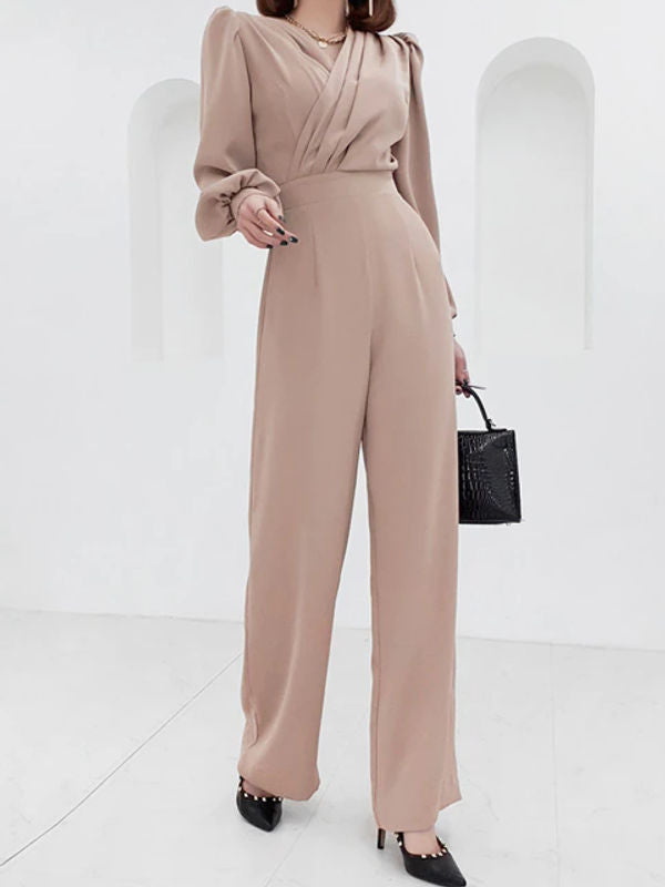 Elite V Neck Wide Leg High Waist Khaki Jumpsuit