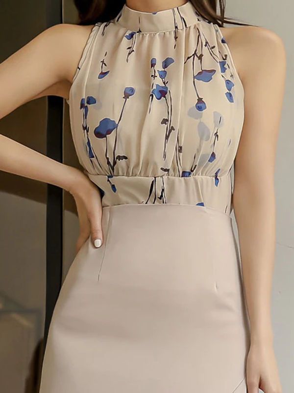 Fashionable Printed Top With High Waist Split Ruffles Skirt Set